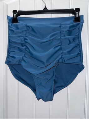 Shapermint Essentials High Waisted Ruched Tummy Control Swim Bottoms Teal Large